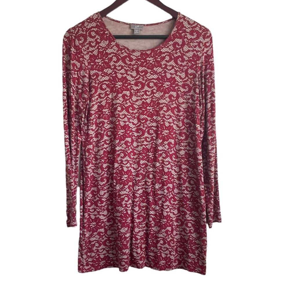 J Jill Top Women XS Rust Tan Crew Neck‎ Long Line Tunic Lace Print Rayon Stretch